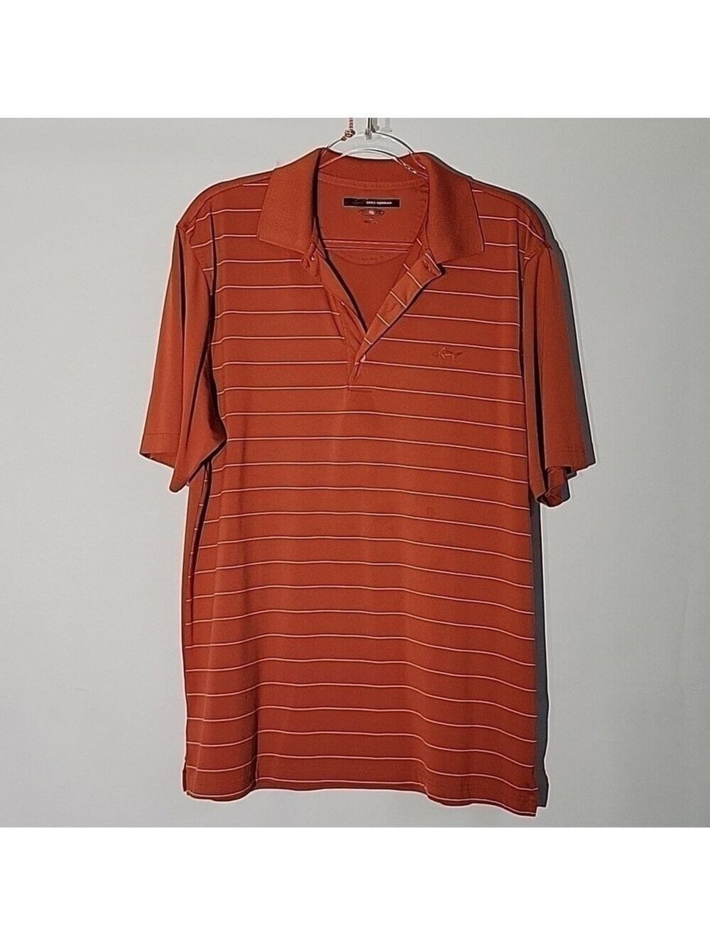 Greg Norman Men's Burnt Orange Front Striped Golf Polo, Size Large
